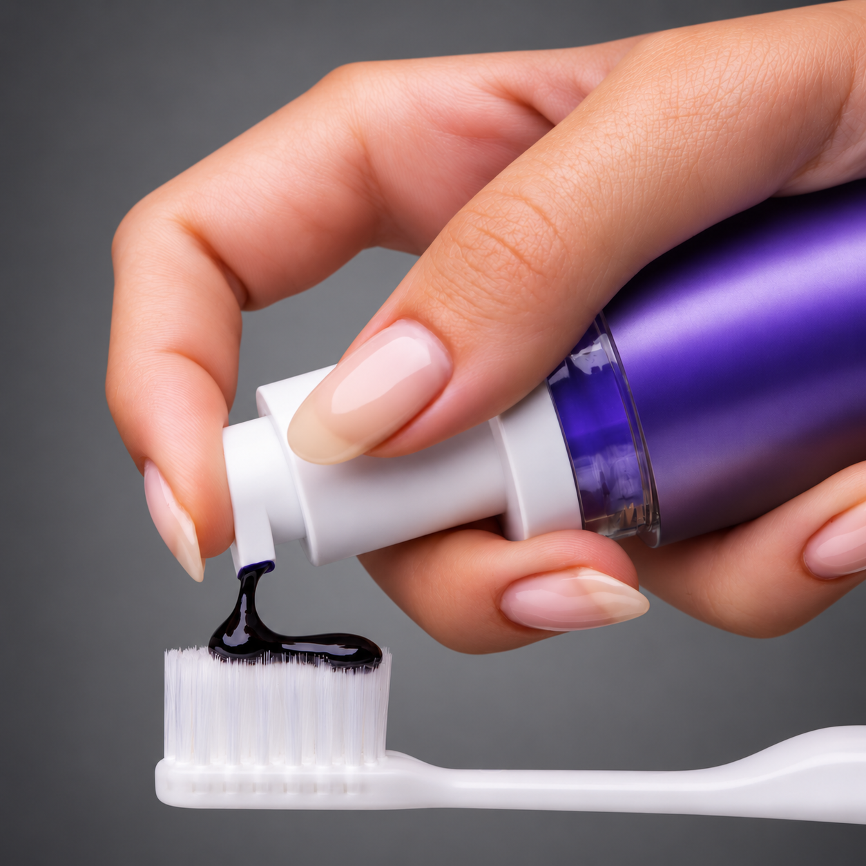 Close-up of WHITR Pearl Mint whitening serum being dispensed from the pump bottle onto a toothbrush
