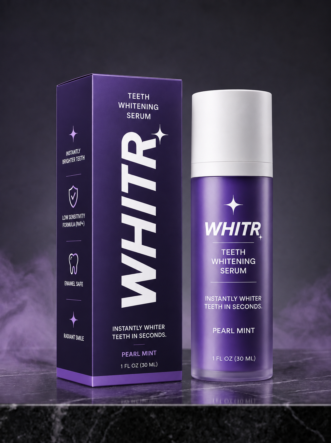 WHITR Pearl Mint teeth whitening serum bottle beside its purple retail box