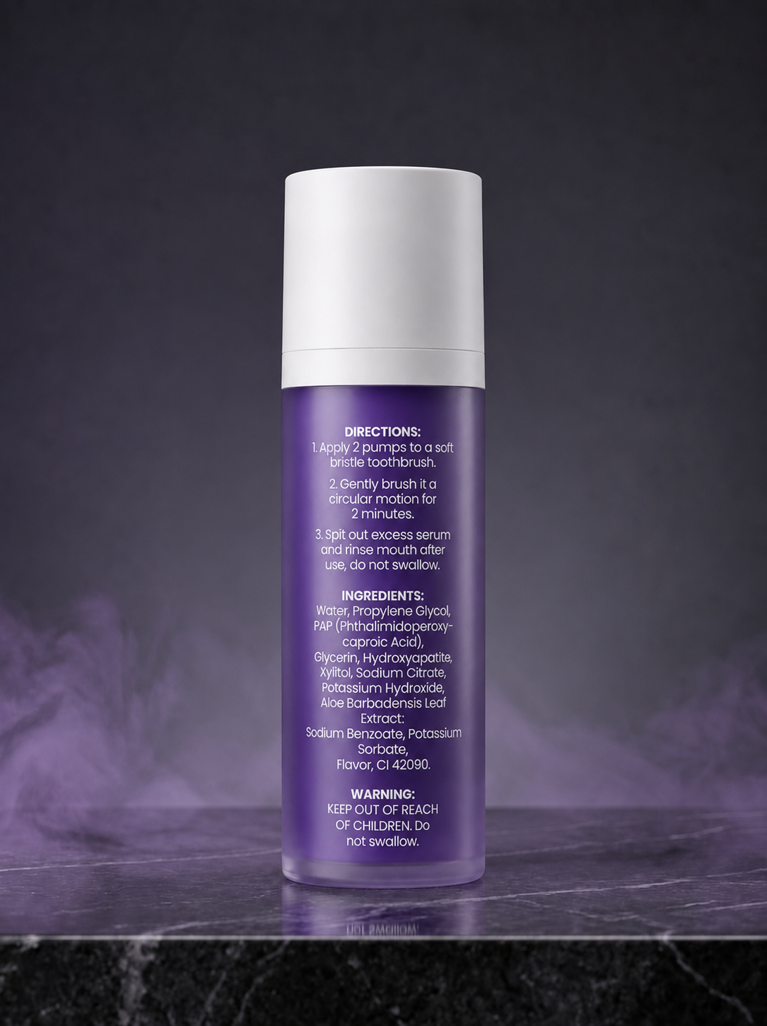 Back view of the WHITR teeth whitening serum bottle with directions and ingredients
